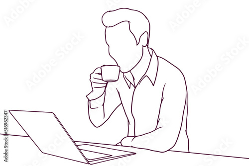 young  businessman drink coffe while working hand drawn style vector illustration