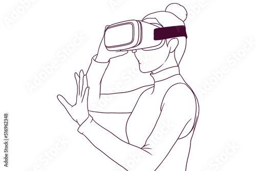 young beautiful girl wearing vr headset hand drawn style vector illustration