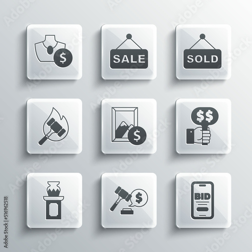 Set Auction hammer price, Online auction, Hand holding paddle, painting, ancient vase, jewelry sale and sold icon. Vector