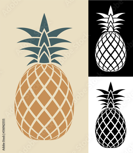 Juicy ripe pineapple icon. Harvesting tropical fruits. Simple black and white vector isolated on white background