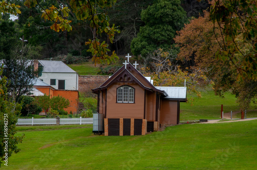 Port Arthur Australia, church or chapel in village surrounded by lawn