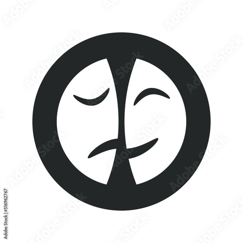 Theatrical masks graphic icon. Theater logo in the circle isolated on white background. Symbol of theater. Vector illustration