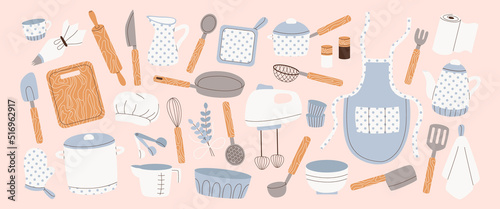 Homemade bakery, cooking, kitchenware set. Kitchen and baking utensils, supplies, tools, equipment, cutlery. Cook appliances, accessories collection. Flat vector illustrations of cookware objects.
