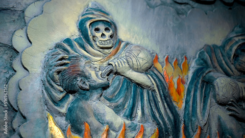 Fotografie, Obraz A painting on a wall in a Buddhist temple depicting hell