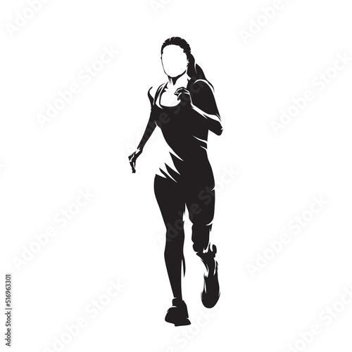 Run, running woman logo, abstract isolated vector silhouette, front view. Ink drawing