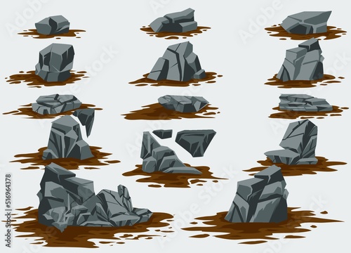Grey stone on mud element illustration for comic, poster, background, apparel, game asset. Vector eps 10