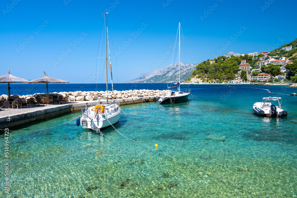 small harbour in Brela on Makarska riviera in Dalmatia in Croatia