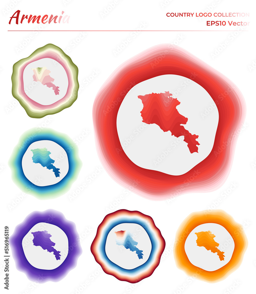 Armenia logo collection. Colorful badge of the country. Layers around Armenia border shape. Vector illustration. Armenia logo collection. Colorful badge of the country. Layers around Armenia border shape. Vector illustration.