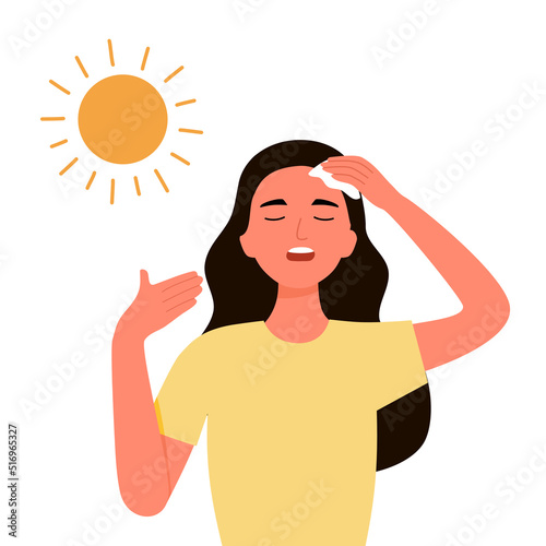 Young woman suffering from heat stroke symptom. She got dizziness and sweaty in hot climate summer.