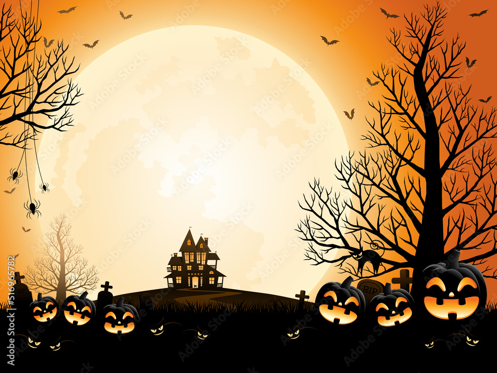 Halloween pumpkins, spooky trees and haunted house with moonlight on orange background.