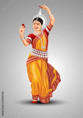 odissi Indian Traditional dress of Orissa with cultural dance by cute girl. vector illustration