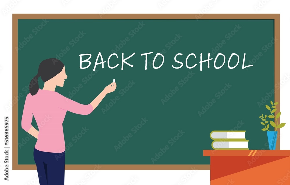 Back view female teacher in classroom writing Back to School with white chalk on greenboard. Back view female teacher in classroom writing Back to School with white chalk on greenboard.