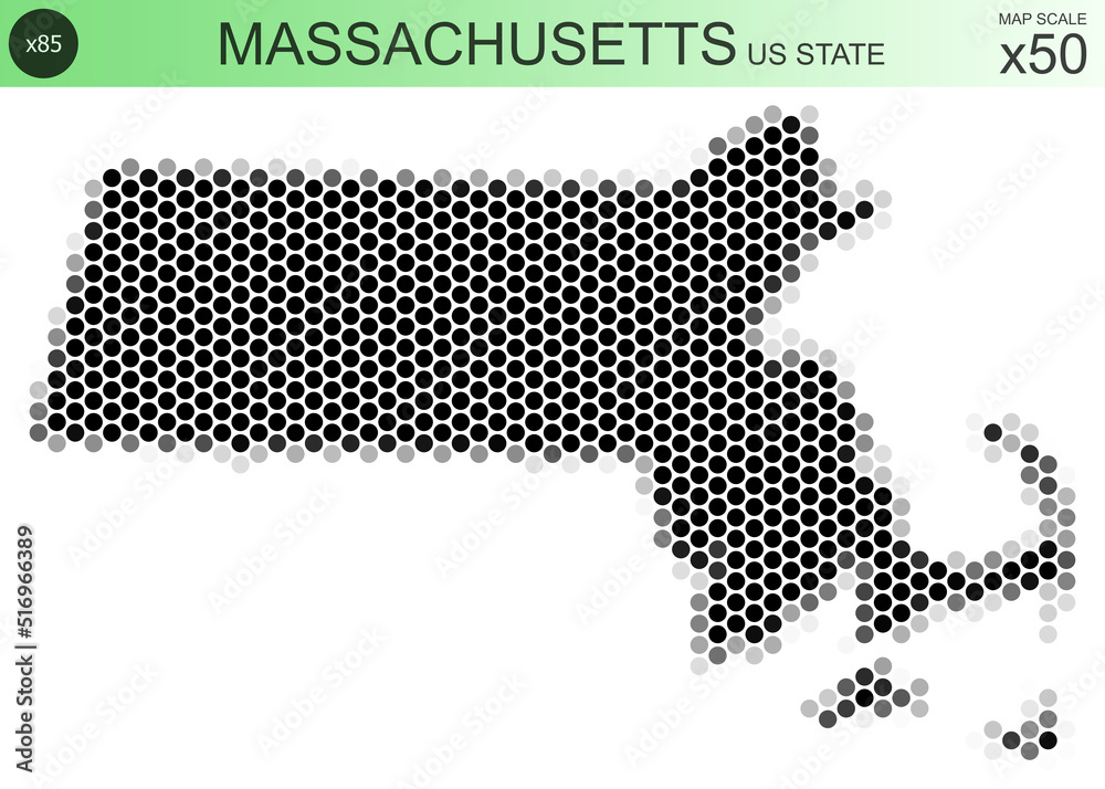 Dotted map of the state of Massachusetts in the USA, from circles placed in hexagons. Scaled 50x50 elements. With rough edges from a grayscale gradient on a white background.