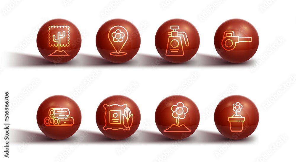 Set line Tree, Wooden logs, Leaf garden blower, Flower, Corn in the sack, Location with flower, pot and Garden sprayer for fertilizer icon. Vector Set line Tree, Wooden logs, Leaf garden blower, Flower, Corn in the sack, Location with flower, pot and Garden sprayer for fertilizer icon. Vector