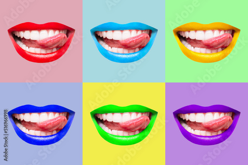 Women smiling mouths with glossy lips showing tongue isolated on backgrounds of six different colors. Smiles  joy  positive emotions. Trendy collage in magazine style. Contemporary art. Modern design