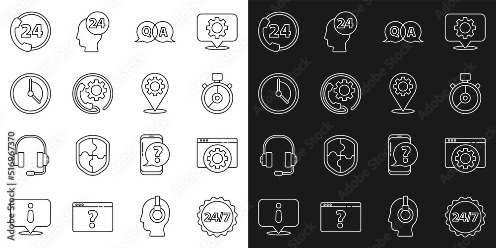 Set line Clock 24 hours, Browser setting, Stopwatch, Question and Answer, Telephone support, Time Management, and Location with gear icon. Vector