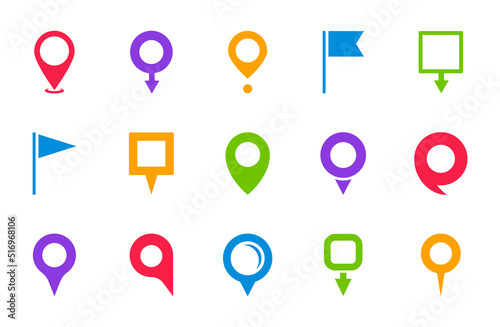 Set of pointers. Colored map markers. Map pins. Navigation and location icons. Vector illustration.