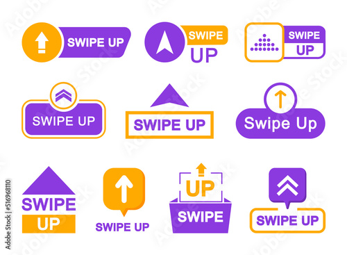 Swipe up icon set. Arrow up buttons. Swipe Up icons for social media stories. Scroll pictogram. Web icons for advertising and marketing. Vector illustration.