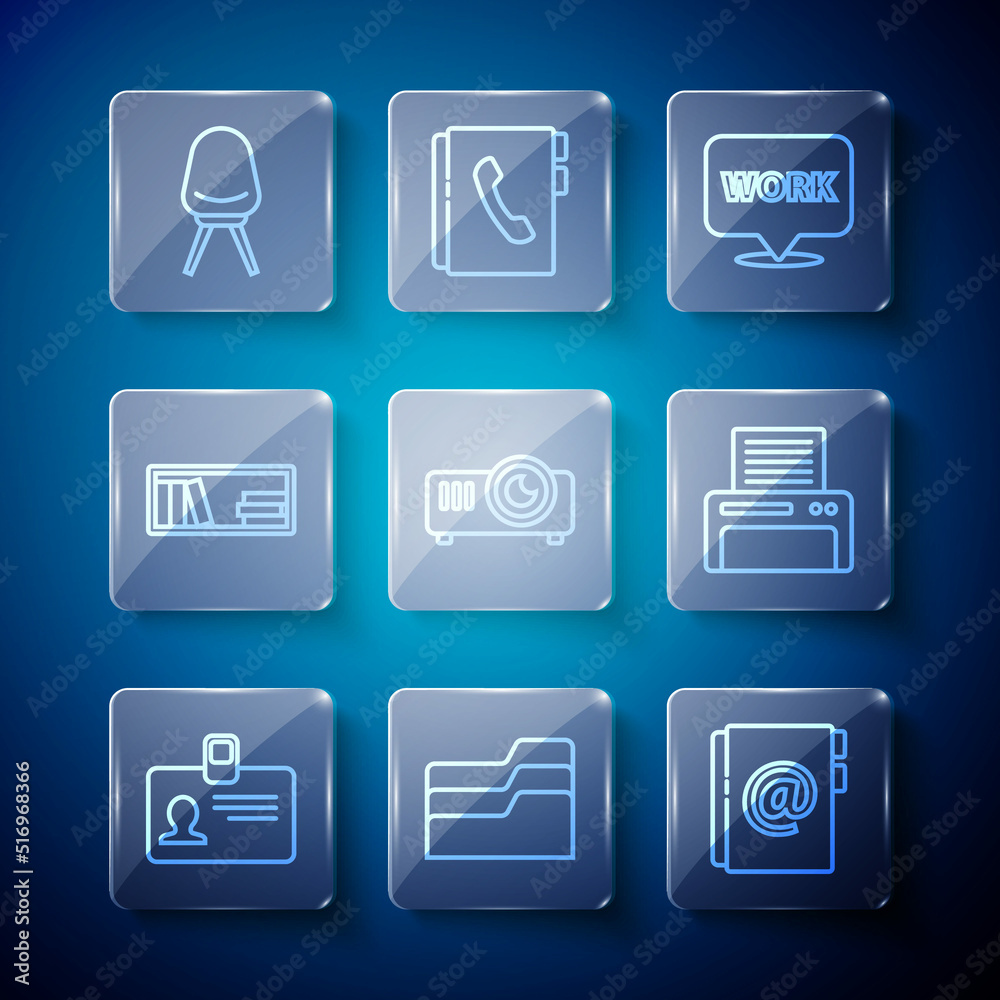 Set line Identification badge, Document folder, Address book, Location with text work, Movie, film, media projector, Shelf books, Office chair and Printer icon. Vector Set line Identification badge, Document folder, Address book, Location with text work, Movie, film, media projector, Shelf books, Office chair and Printer icon. Vector