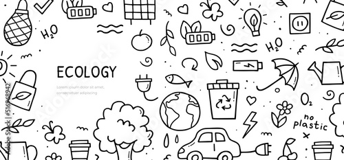 Hand drawn doodle set of ecology theme items. Horizontal banner template. Sketch style illustration.