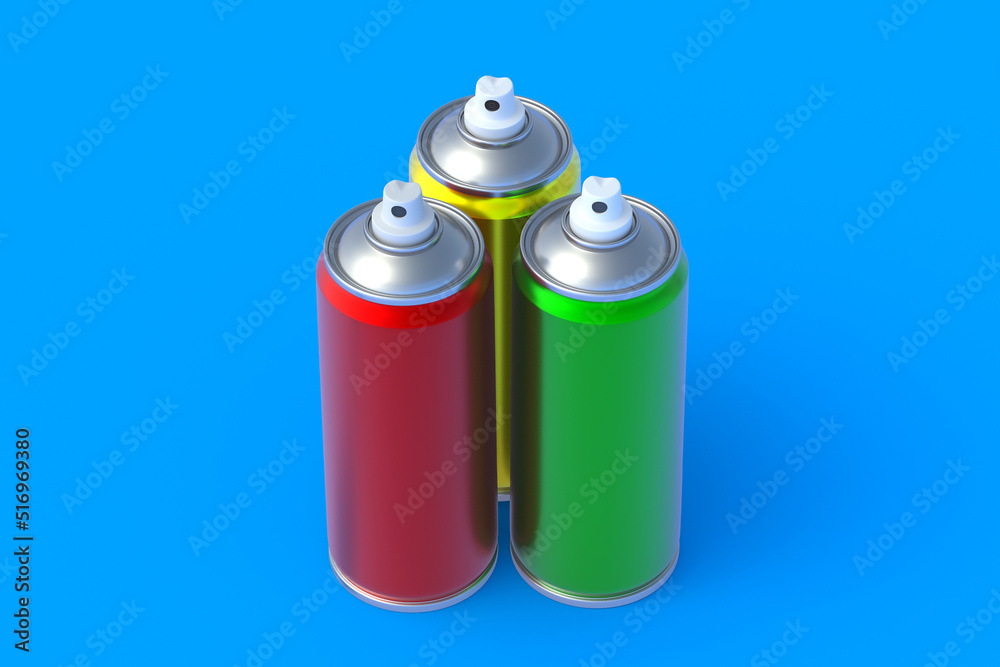 Metallic cans of spray paint. Hairspray or lacquer. Disinfectant sprayer. Renovation equipment. Gas in aerosol container. Tool for street art. 3d illustration Metallic cans of spray paint. Hairspray or lacquer. Disinfectant sprayer. Renovation equipment. Gas in aerosol container. Tool for street art. 3d illustration