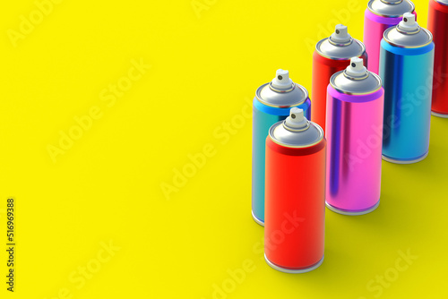 Metallic cans of spray paint. Hairspray or lacquer. Disinfectant sprayer. Renovation equipment. Gas in aerosol container. Tool for street art. Copy space. 3d illustration