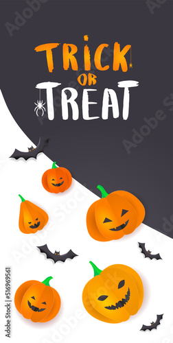 Template flyer with 3D paper pumpkins with Halloween faces. Banner, brochure
