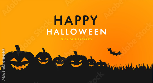 Halloween party invitations, greeting cards or posters with calligraphy, pumpkins, bats, trees.