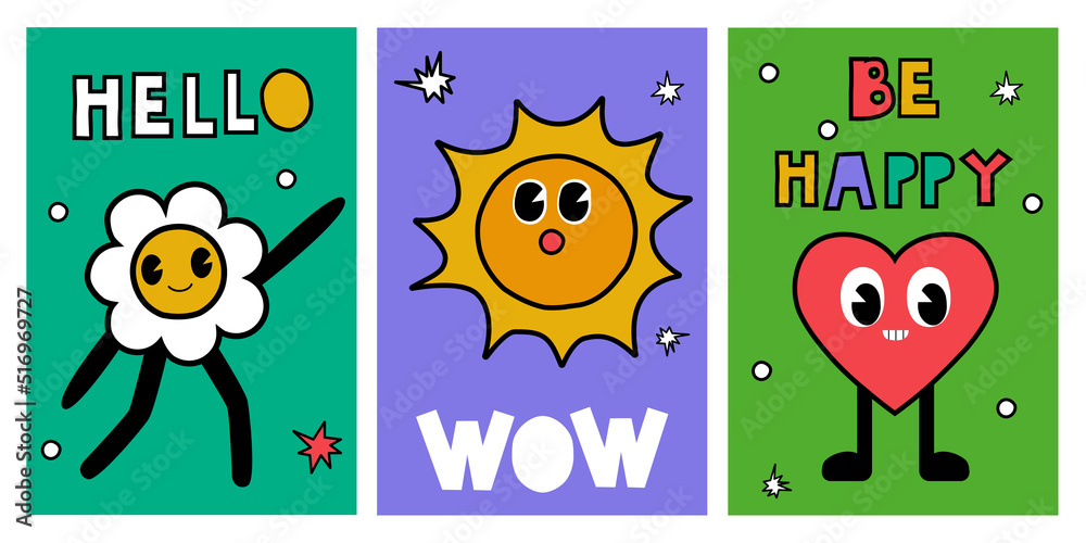 A set of funny bright cards with text. Cute sun, flower and heart characters with big eyes. Vector hand drawn illustration.