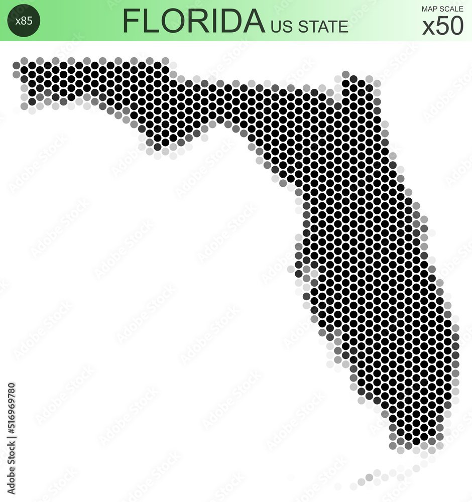 Dotted map of the state of Florida in the USA, from circles placed in hexagons. Scaled 50x50 elements. With rough edges from a grayscale gradient on a white background.