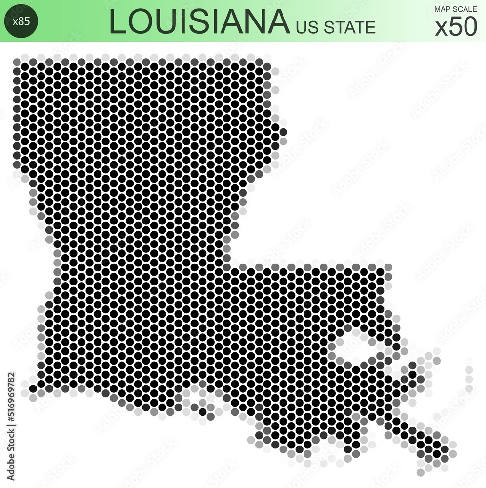 Dotted map of the state of Louisiana in the USA, from circles placed in hexagons. Scaled 50x50 elements. With rough edges from a grayscale gradient on a white background.