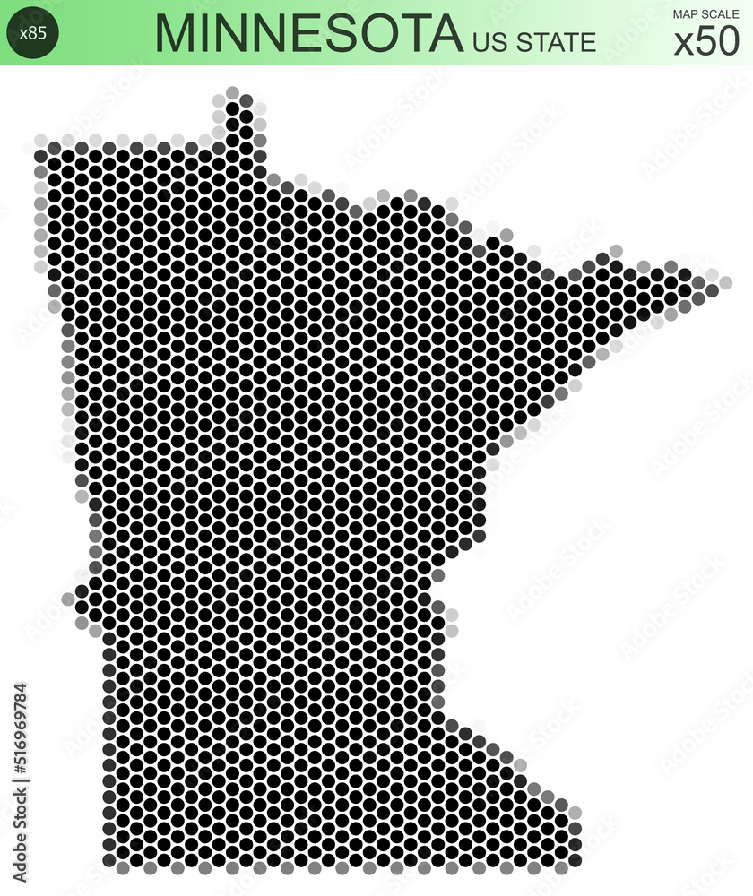 Dotted map of the state of Minnesota in the USA, from circles placed in hexagons. Scaled 50x50 elements. With rough edges from a grayscale gradient on a white background.
