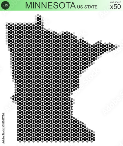 Dotted map of the state of Minnesota in the USA  from circles placed in hexagons. Scaled 50x50 elements. With rough edges from a grayscale gradient on a white background.