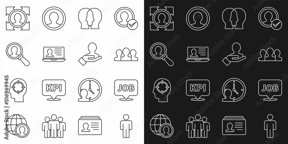 Set line User of man, Speech bubble with job, Users group, Project team base, Laptop resume, Magnifying glass for search, Head hunting and Hand people icon. Vector