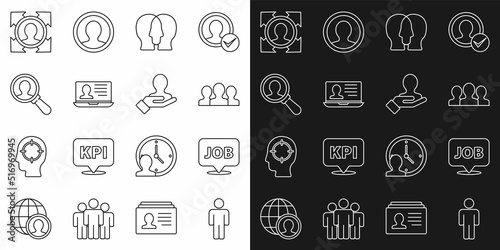 Set line User of man, Speech bubble with job, Users group, Project team base, Laptop resume, Magnifying glass for search, Head hunting and Hand people icon. Vector