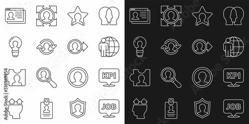 Set line Speech bubble with job, Key performance indicator, Head hunting, Human resources, lamp bulb, Resume and Create account screen icon. Vector