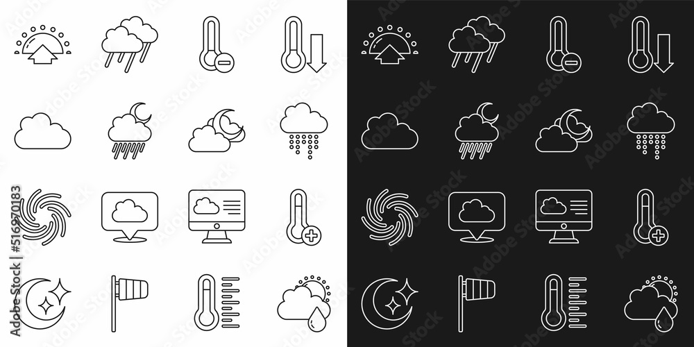 Set line Cloud with rain and sun, Meteorology thermometer, moon, Sunrise and icon. Vector Set line Cloud with rain and sun, Meteorology thermometer, moon, Sunrise and icon. Vector