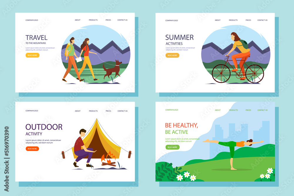 Set of web banners or landing pages. People actively spend the summer: doing yoga, traveling, walking. Vector illustration.