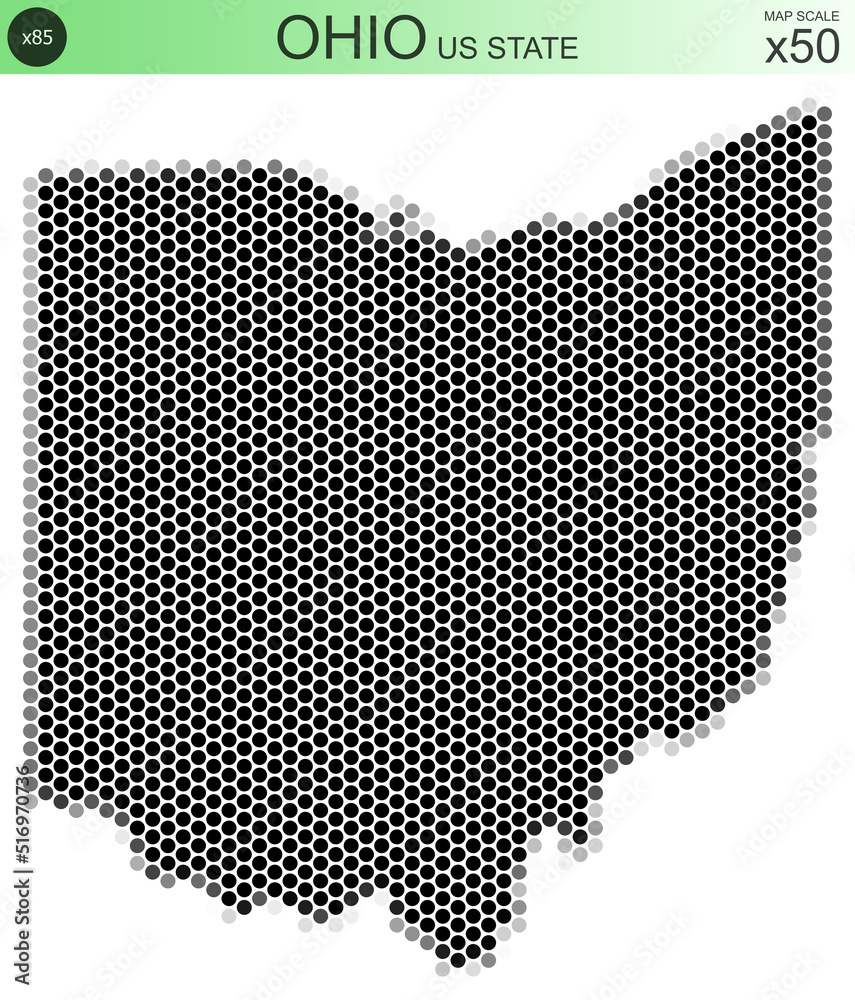 Dotted map of the state of Ohio in the USA, from circles placed in hexagons. Scaled 50x50 elements. With rough edges from a grayscale gradient on a white background.