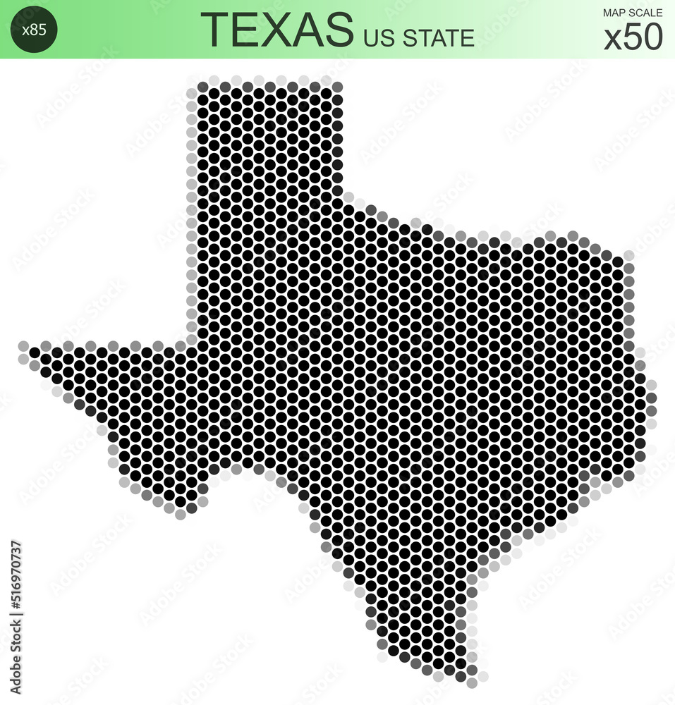 Dotted map of the state of Texas in the USA, from circles placed in hexagons. Scaled 50x50 elements. With rough edges from a grayscale gradient on a white background.