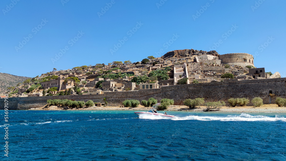 View of the old town of Spinalonga island in the Mediterranean Sea