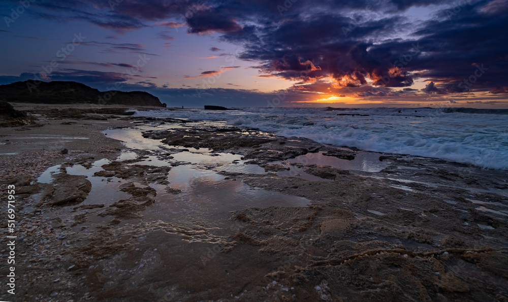 Fototapeta premium Romantic sunset on Palmachim beach, Israel