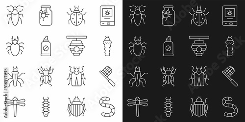 Set line Worm, Butterfly net, Larva insect, Mite, Spray against insects, Beetle deer, Cockroach and Hive for bees icon. Vector © Kostiantyn