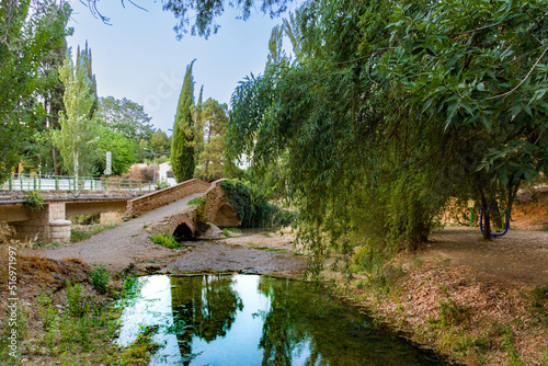 Paisaje de puente romano antiguo sobre un río reflejando el horizonte y paisaje verde de viaje en Riofrío Granada