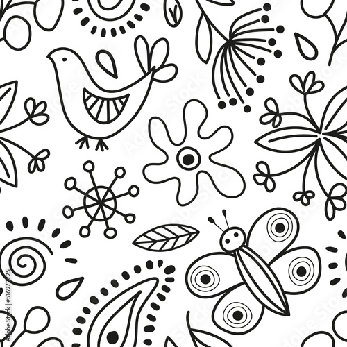 Seamless contour background with butterflies  flowers and birds. Natural pattern in Scandinavian style. Wallpaper  textile print  wrapping paper  page filling.