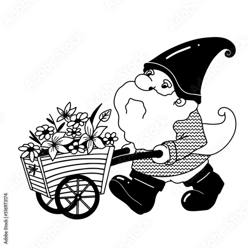 cute funny gnome with cart with summer flowers, holiday children's illustration, vector clipart with cartoon character good for card and print design