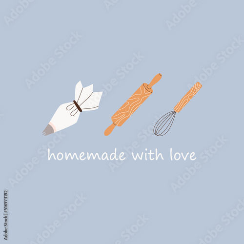 Lettering of Homemade With Love with cooking kitchenware. Kitchen , baking tools. Whisk, rolling pin, pastry bag. Flat illustration for banner, card, postcard, invitation, party, poster, print, web.