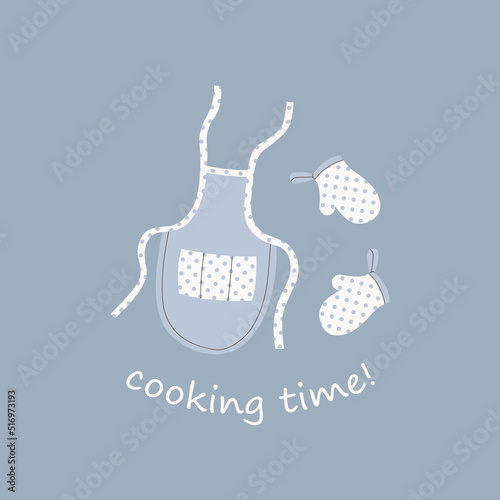Lettering of Cooking time with cooking clothes. Kitchen, baking tools. Apron, mitten or potholder. Flat illustration for banner, card, culinary class, invitation, party, poster, print, web.