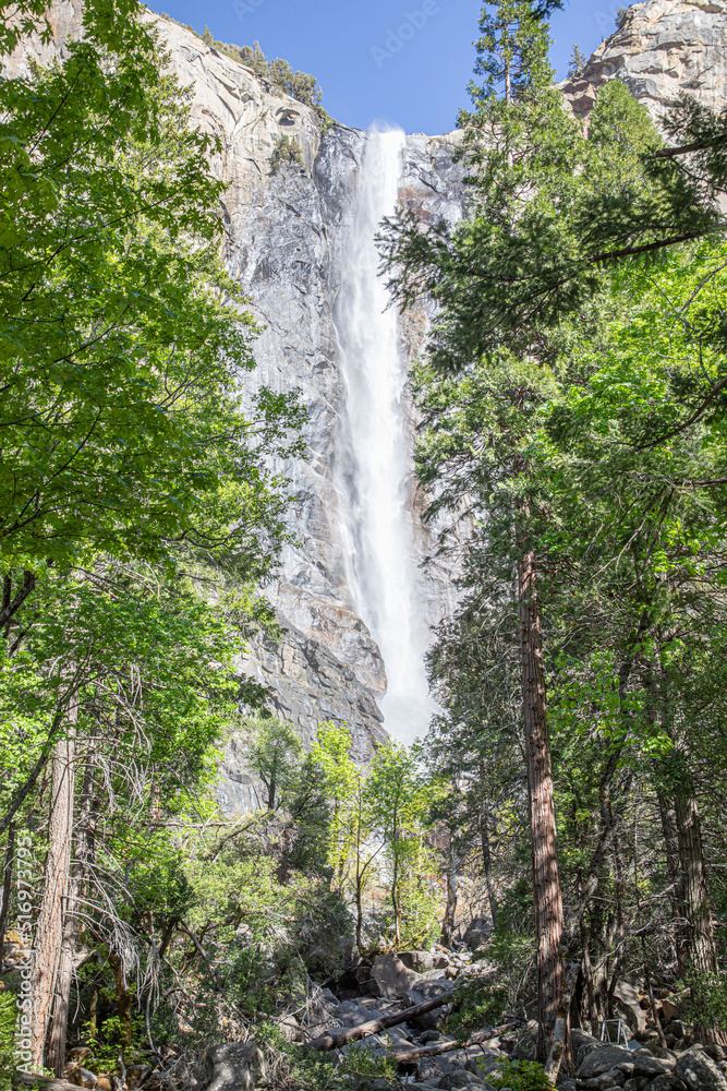 scenic view to Birdalveil waterfall in the Yosemite valley,