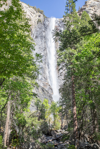 scenic view to Birdalveil waterfall in the Yosemite valley 